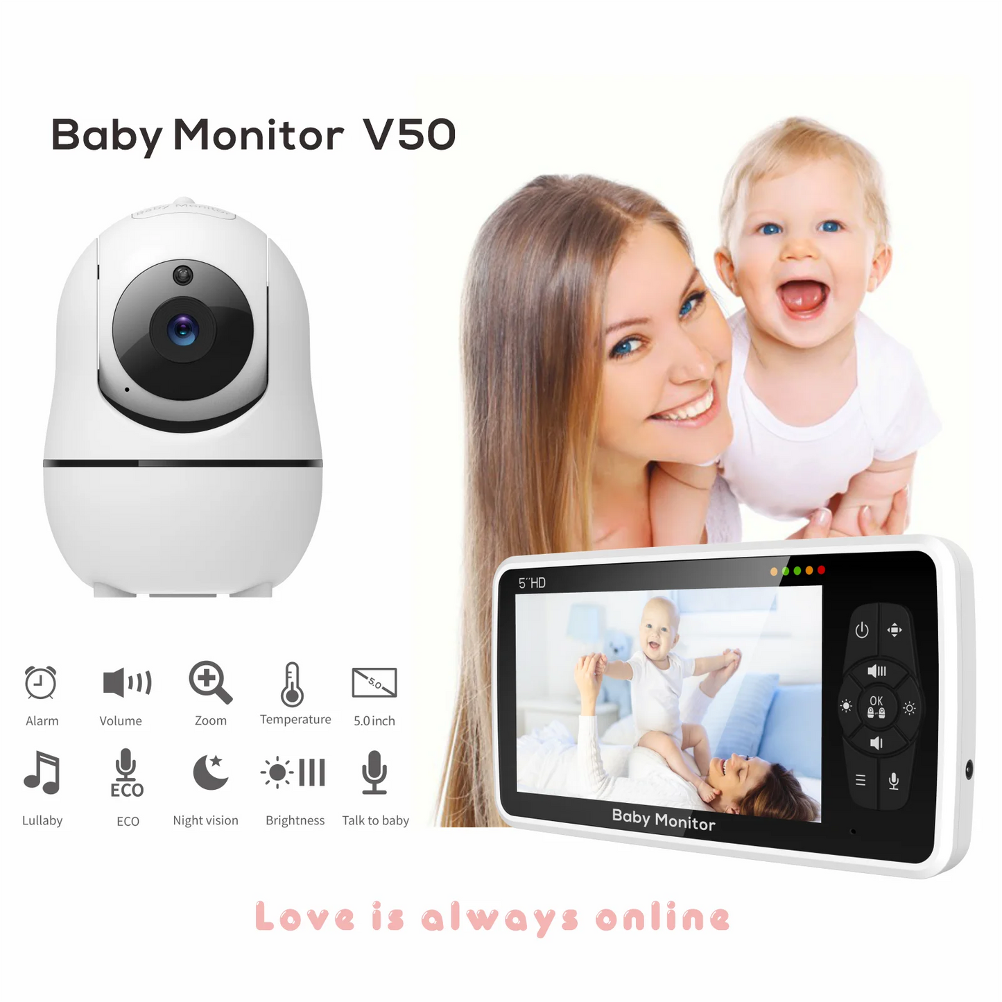 New 5 inch Video Baby Monitor with Camera and Audio, 4X Zoom, 22Hrs Battery, 1000ft Range 2-Way Audio Temperature Sensor Lullaby