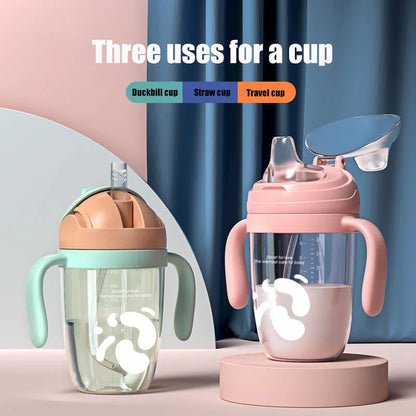 3 In 1 Child Water Bottle Baby Sippy Cups Anti-choked Kids Learning Drinking Water Leakproof Cup with Spout & V-Straw & Sling