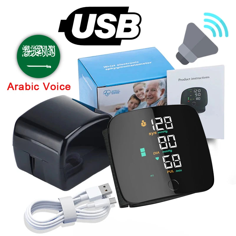 New Touch Screen LED Rechargeable Wrist Blood Pressure Monitor Russian / Arabic / Spanish Voice Broadcast Tonometer BP Monitor