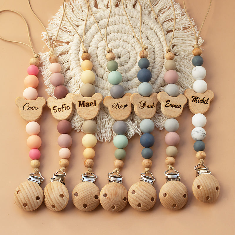 Custom Name Wooden Personalized Baby Pacifier Chain Silicone Bead Dummy Nipple Holder Guard Teether Pendant