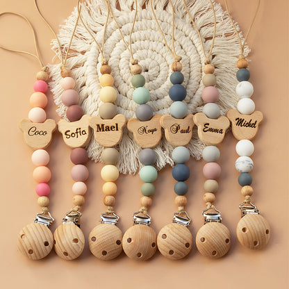 Custom Name Wooden Personalized Baby Pacifier Chain Silicone Bead Dummy Nipple Holder Guard Teether Pendant