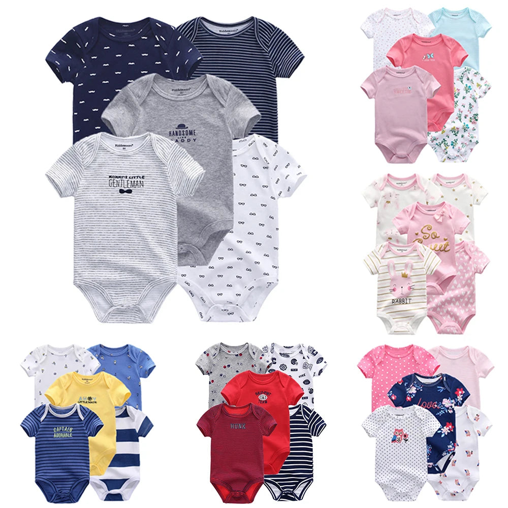 5Pcs Cartoon Short Sleeve Baby Unisex Bodysuits Soft 100% Cotton