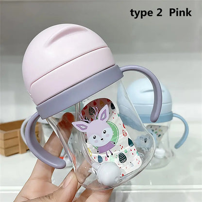 250ML Cartoon Pattern Outdoor Child Drinking Bottle with Straw Baby Feeding Cup for Kids Training Portable Handle Water Bottle