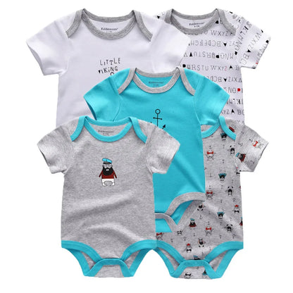 5Pcs Cartoon Short Sleeve Baby Unisex Bodysuits Soft 100% Cotton