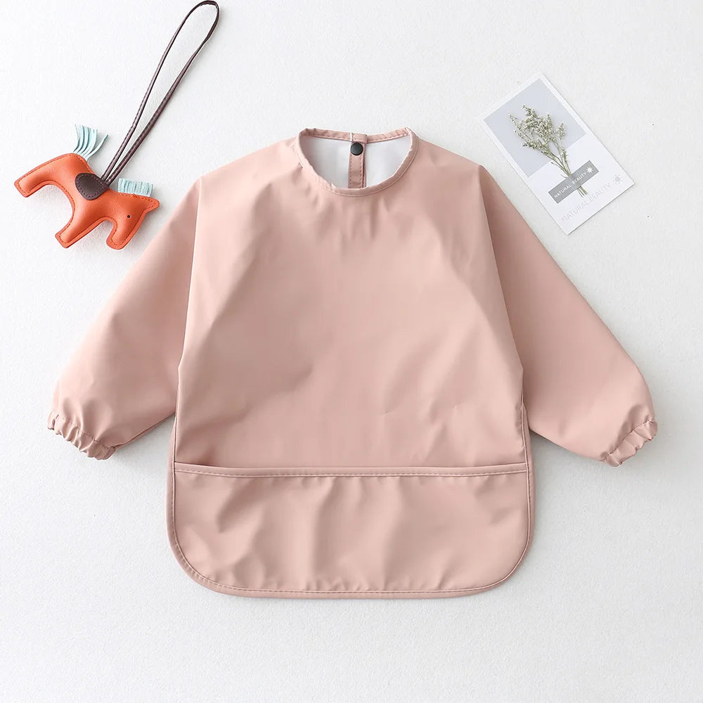 Baby Kids Toddler Long Sleeve Waterproof Feeding Bib Apron Pocket