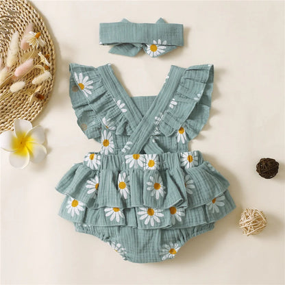 Infant Baby Girl Ruffle Sleeveless Bodysuit with Headband