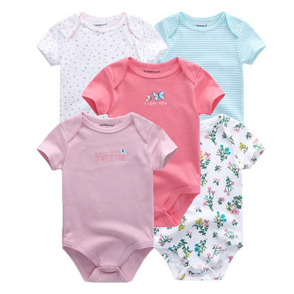 5Pcs Cartoon Short Sleeve Baby Unisex Bodysuits Soft 100% Cotton