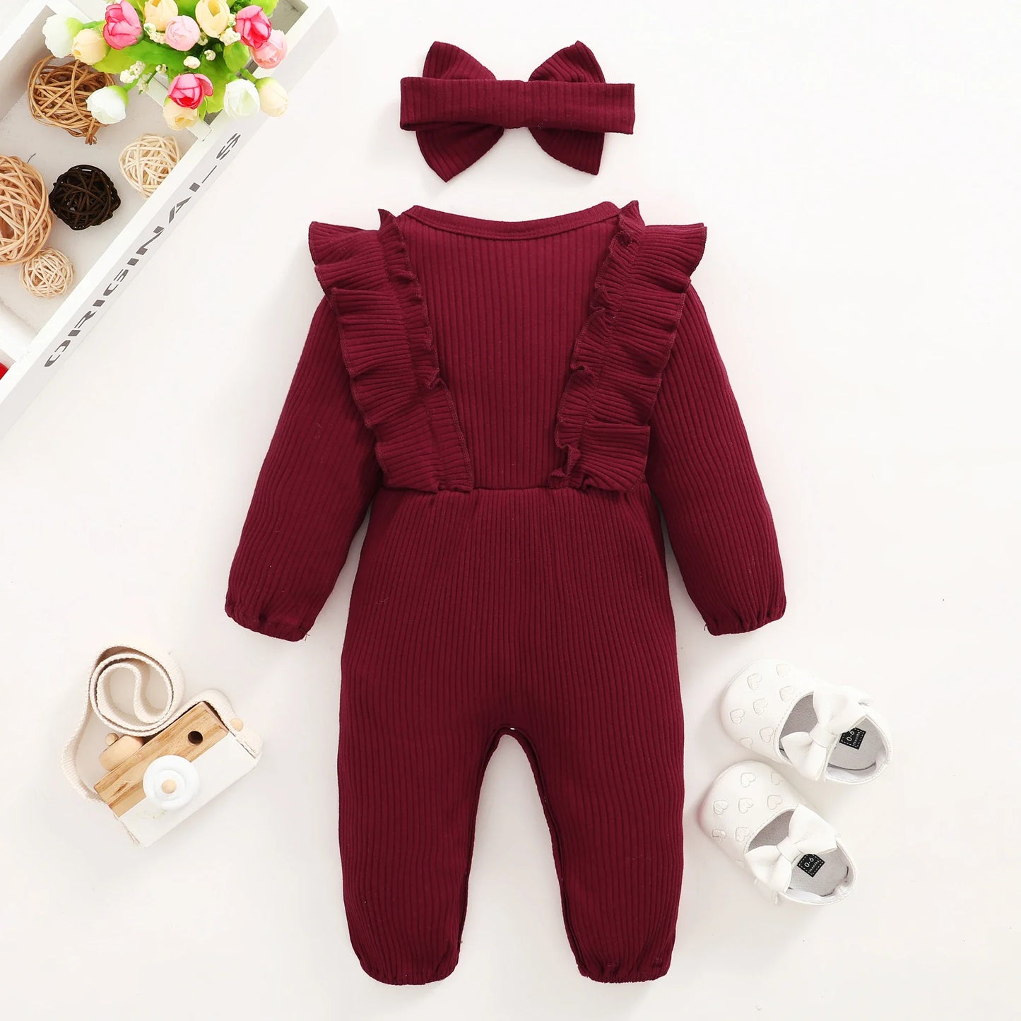 0-18 Months Baby Girl Long Sleeved Romper Outfit with Headband