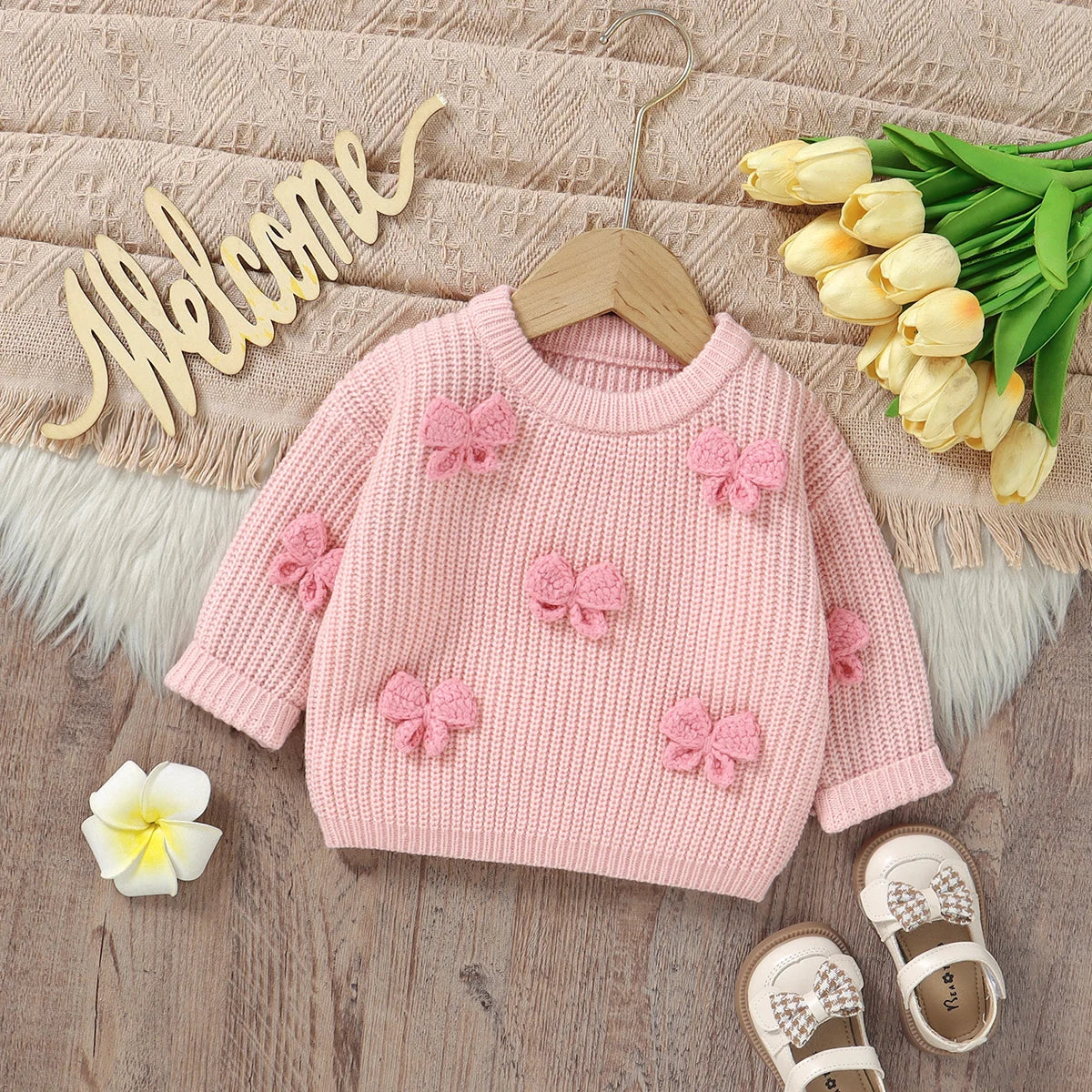 Crew Neck Long Sleeve Knitted Baby Girl Sweater