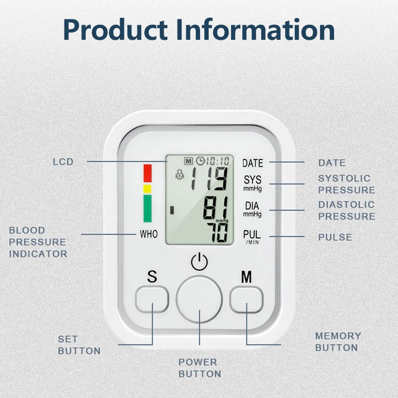 AJC Portable Upper Arm BP Meter Electronic Digital Blood Pressure Monitors Automatic Measurement Shut Off Sphygmomanometer