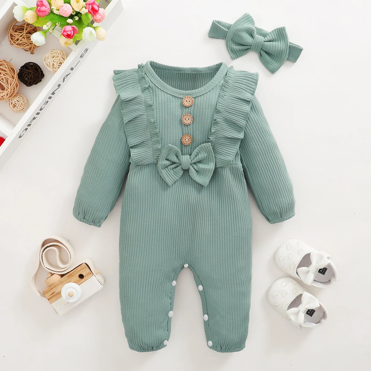 0-18 Months Baby Girl Long Sleeved Romper Outfit with Headband