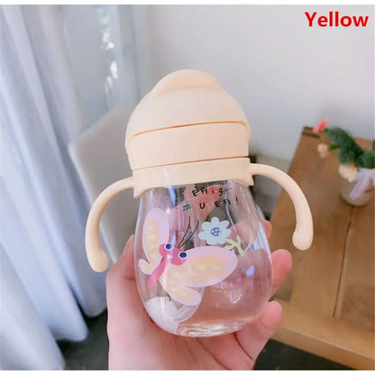 250ML Cartoon Pattern Outdoor Child Drinking Bottle with Straw Baby Feeding Cup for Kids Training Portable Handle Water Bottle