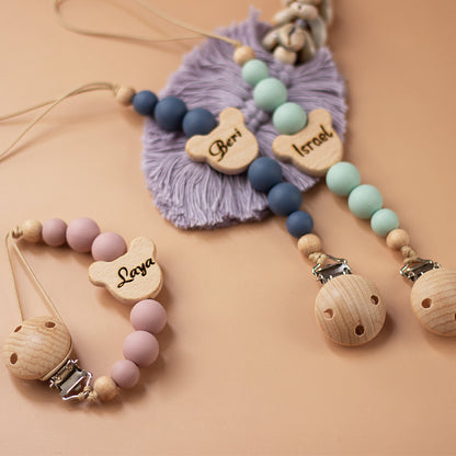 Custom Name Wooden Personalized Baby Pacifier Chain Silicone Bead Dummy Nipple Holder Guard Teether Pendant