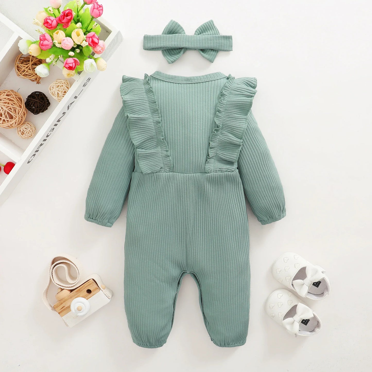 0-18 Months Baby Girl Long Sleeved Romper Outfit with Headband