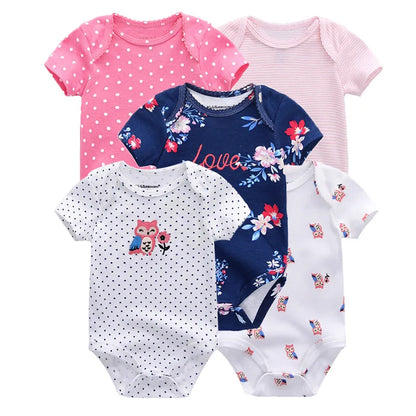 5Pcs Cartoon Short Sleeve Baby Unisex Bodysuits Soft 100% Cotton