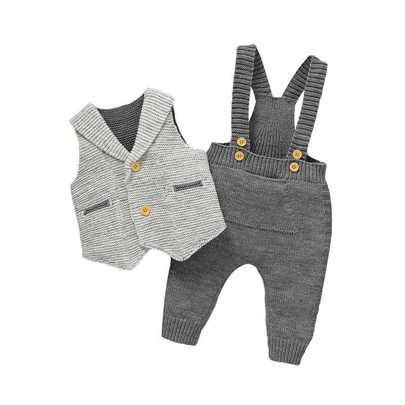 Sleeveless Knitted Vest Jacket Baby Boy Gentlemen Style Clothes Sets Top+Romper