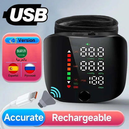 New Touch Screen LED Rechargeable Wrist Blood Pressure Monitor Russian / Arabic / Spanish Voice Broadcast Tonometer BP Monitor