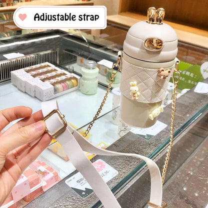 Simple Fashion Plastic Water Bottle For Girls With Leather Sleeve And Strap Straw Adult Pregnant Women Portable Sippy Cups