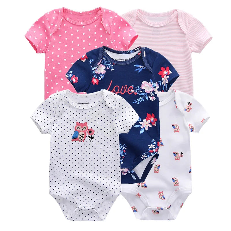 5Pcs Cartoon Short Sleeve Baby Unisex Bodysuits Soft 100% Cotton