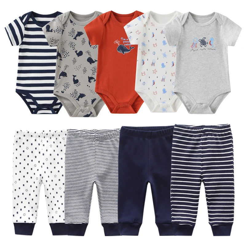 Unisex 6/9/10Pieces Cotton New Born Bodysuits+Pants