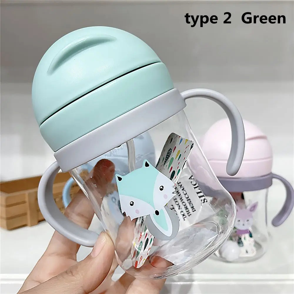 250ML Cartoon Pattern Outdoor Child Drinking Bottle with Straw Baby Feeding Cup for Kids Training Portable Handle Water Bottle