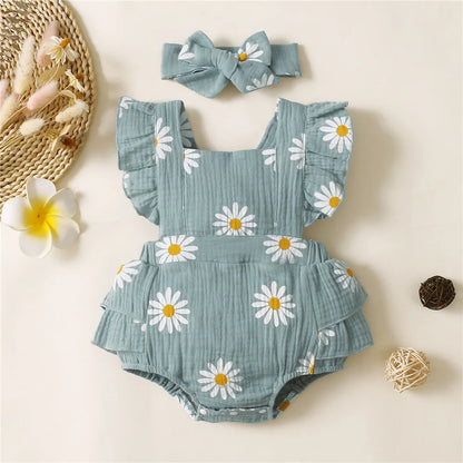 Infant Baby Girl Ruffle Sleeveless Bodysuit with Headband