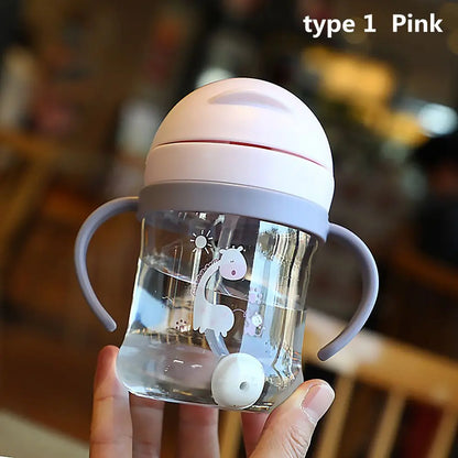 250ML Cartoon Pattern Outdoor Child Drinking Bottle with Straw Baby Feeding Cup for Kids Training Portable Handle Water Bottle