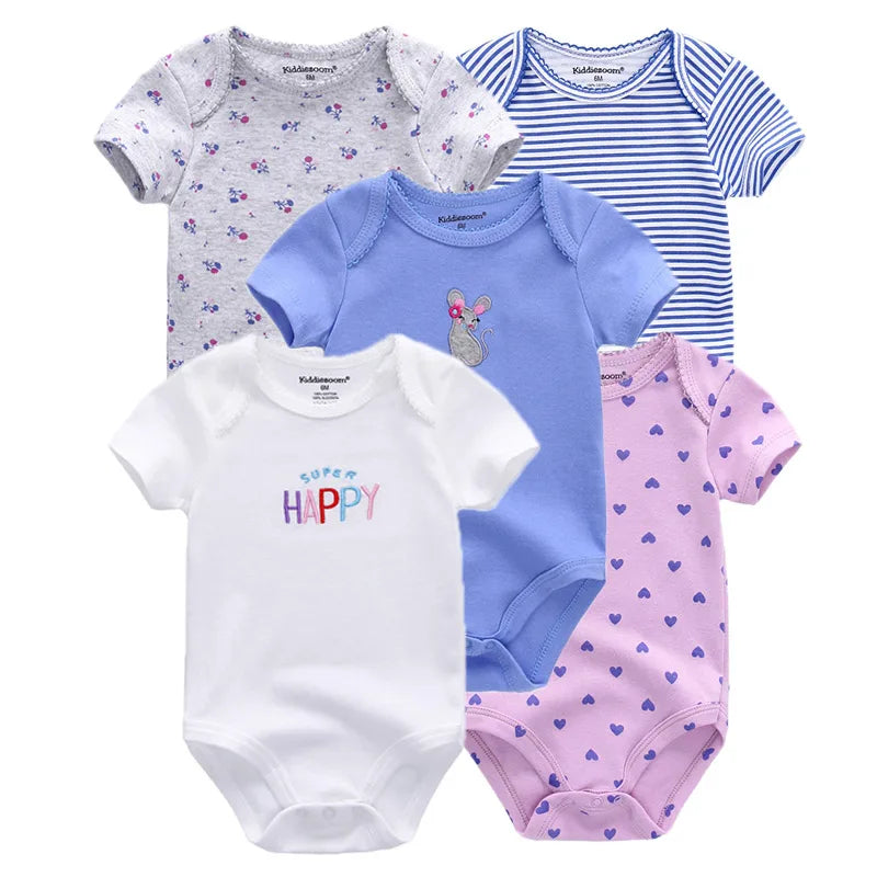 5Pcs Cartoon Short Sleeve Baby Unisex Bodysuits Soft 100% Cotton