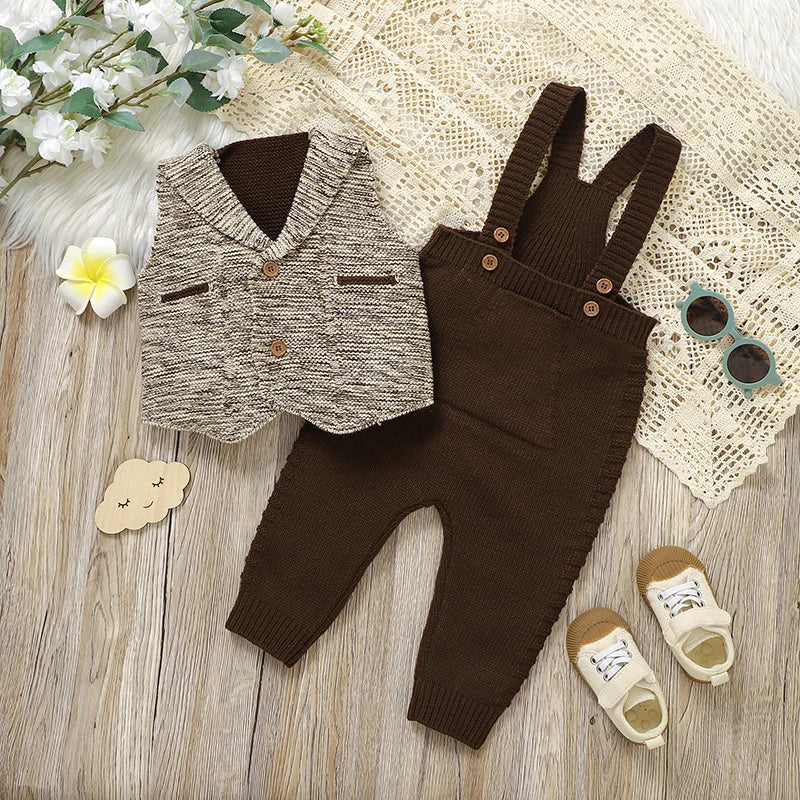 Sleeveless Knitted Vest Jacket Baby Boy Gentlemen Style Clothes Sets Top+Romper