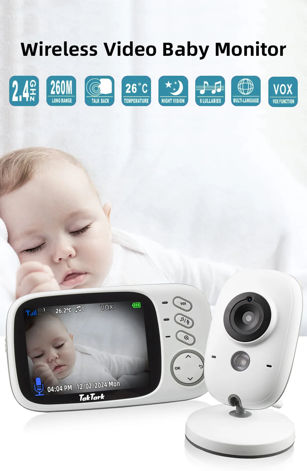 3.2 Inch Wireless Video Baby Monitor With Lullabies Auto Night Vision Two Way Intercom Temperature Monitoring Babysitter