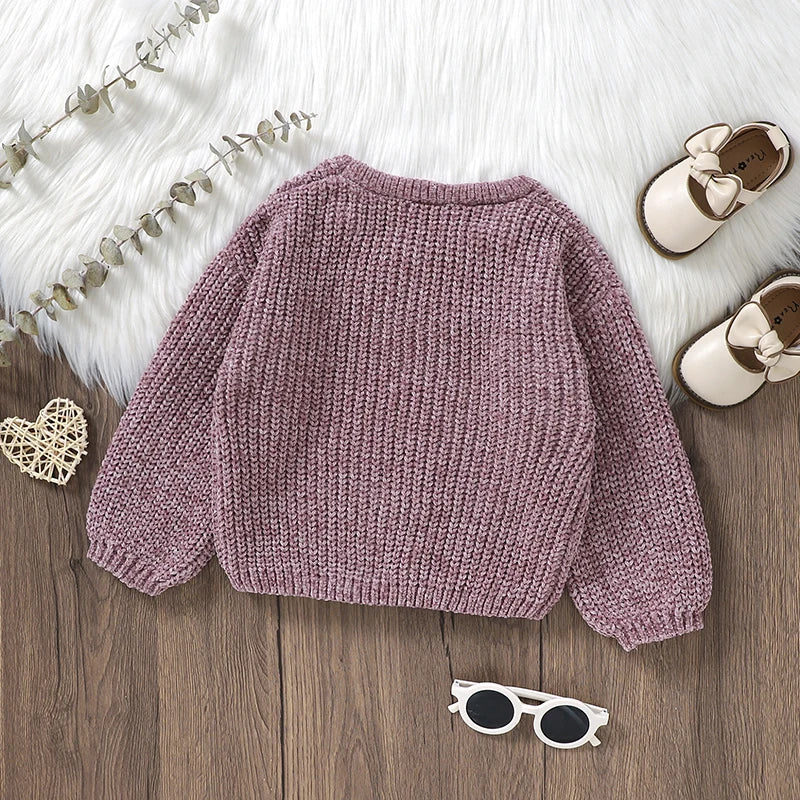 Purple Crew Neck Long Sleeve Girl Sweater