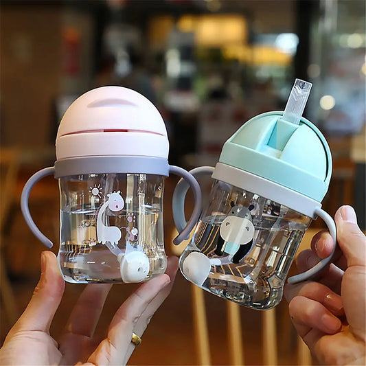 250ML Cartoon Pattern Outdoor Child Drinking Bottle with Straw Baby Feeding Cup for Kids Training Portable Handle Water Bottle