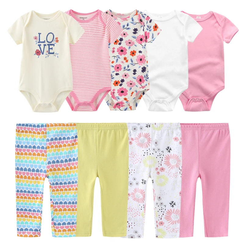 Unisex 6/9/10Pieces Cotton New Born Bodysuits+Pants