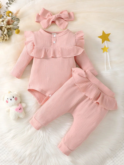 Baby Girl Ruffle Trim Bodysuit & Pants & Headband