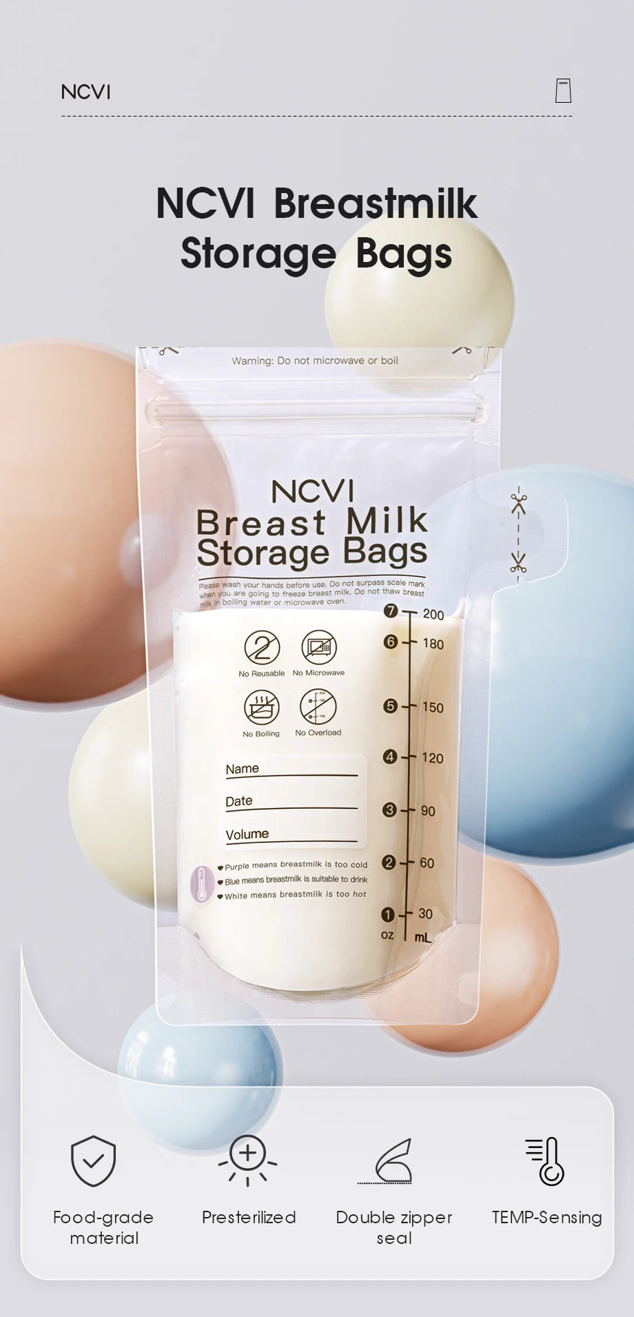 Breastmilk Storage Bags, 200ml Milk Freezer Bags for Breastfeeding, Temp-Sensing, Doubled-Sealed,Preservation Bag, BPA Free