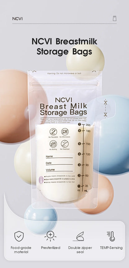 Breastmilk Storage Bags, 200ml Milk Freezer Bags for Breastfeeding, Temp-Sensing, Doubled-Sealed,Preservation Bag, BPA Free