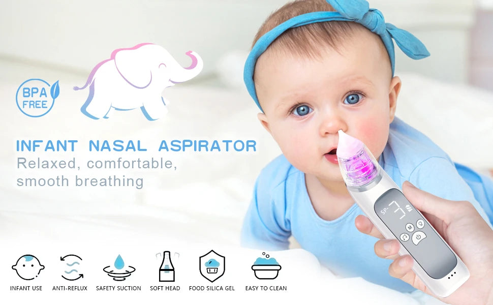 Baby Electric Nasal Aspirator Nose Suction Device with Food Grade Silicone Mouthpiece 3 Suction Modes and Soothing Music