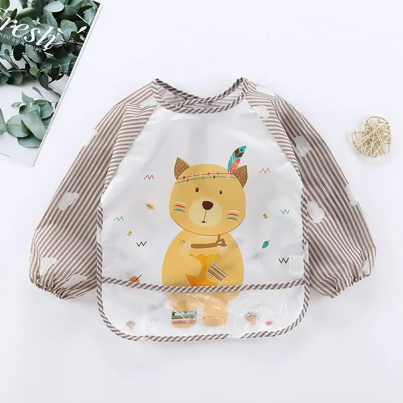 1Pcs Waterproof Eating Smock Infant Toddler Baby Cartoon Long Sleeve Bib