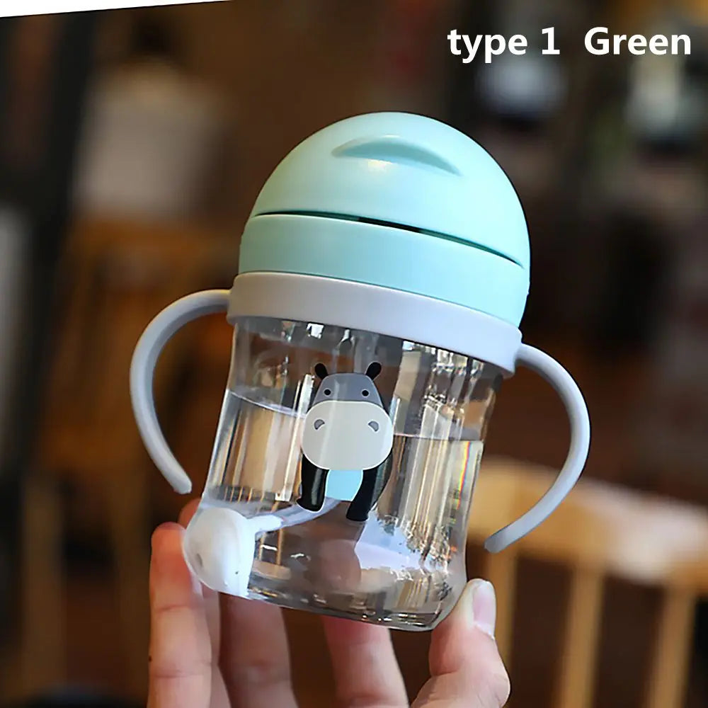 250ML Cartoon Pattern Outdoor Child Drinking Bottle with Straw Baby Feeding Cup for Kids Training Portable Handle Water Bottle