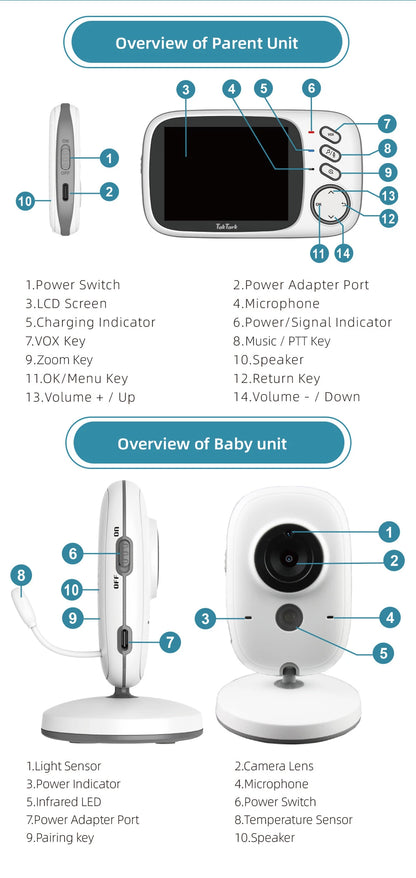 3.2 Inch Wireless Video Baby Monitor With Lullabies Auto Night Vision Two Way Intercom Temperature Monitoring Babysitter