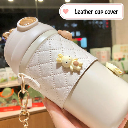 Simple Fashion Plastic Water Bottle For Girls With Leather Sleeve And Strap Straw Adult Pregnant Women Portable Sippy Cups