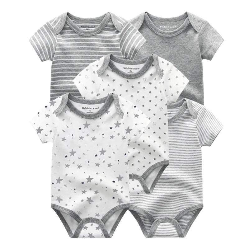 5Pcs Cartoon Short Sleeve Baby Unisex Bodysuits Soft 100% Cotton