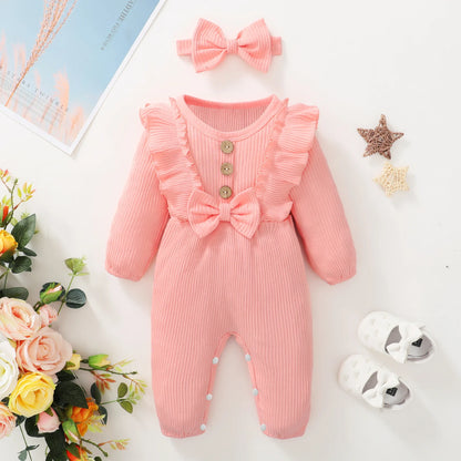 0-18 Months Baby Girl Long Sleeved Romper Outfit with Headband