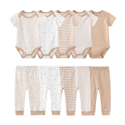 Unisex 6/9/10Pieces Cotton New Born Bodysuits+Pants