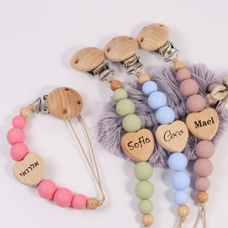 Custom Name Wooden Personalized Baby Pacifier Chain Silicone Bead Dummy Nipple Holder Guard Teether Pendant