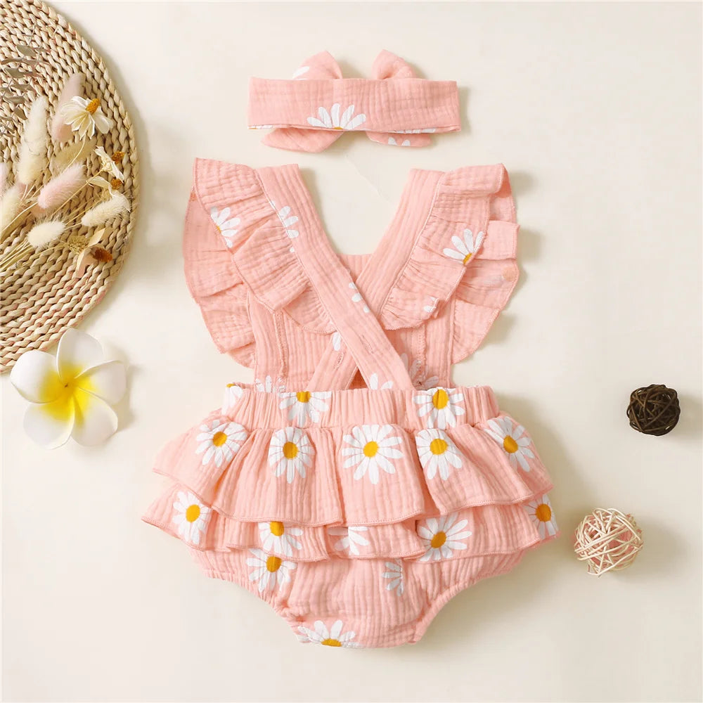 Infant Baby Girl Ruffle Sleeveless Bodysuit with Headband