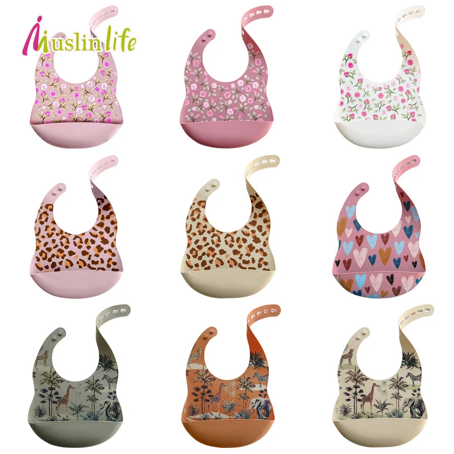 Fashionable Cartoon Printed Waterproof Soft Baby Silicone Bibs