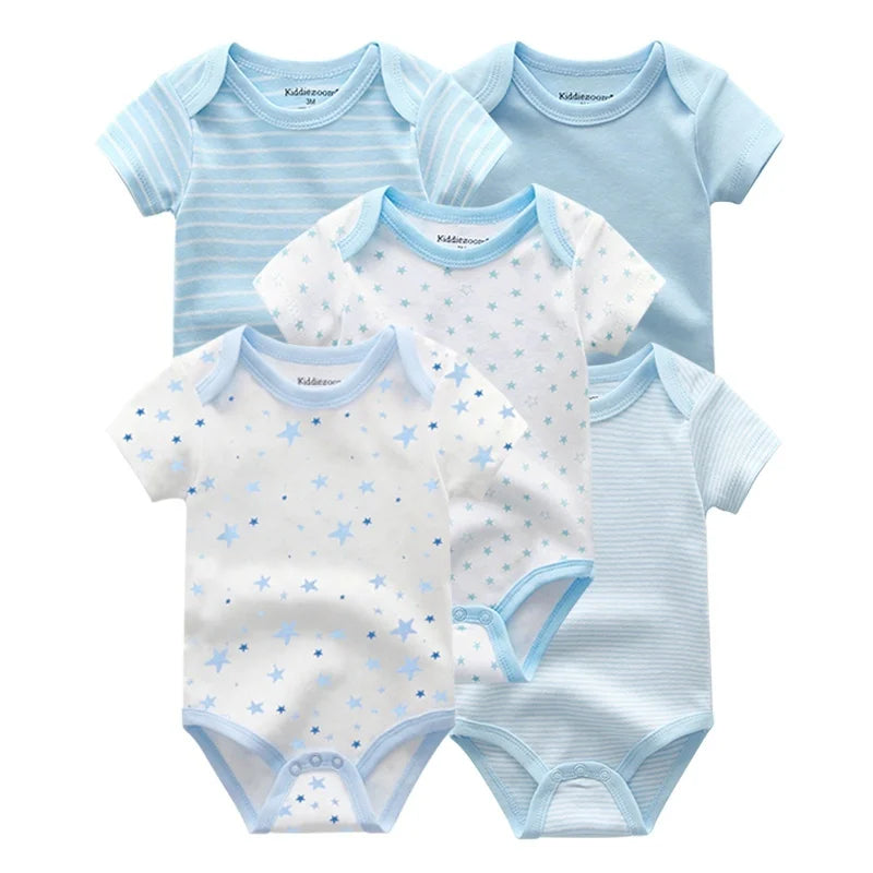 5Pcs Cartoon Short Sleeve Baby Unisex Bodysuits Soft 100% Cotton