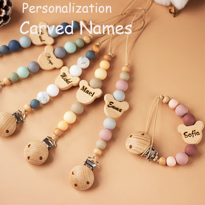 Custom Name Wooden Personalized Baby Pacifier Chain Silicone Bead Dummy Nipple Holder Guard Teether Pendant