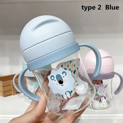 250ML Cartoon Pattern Outdoor Child Drinking Bottle with Straw Baby Feeding Cup for Kids Training Portable Handle Water Bottle